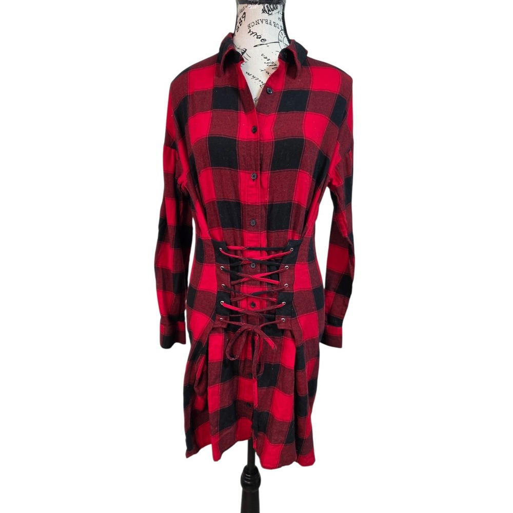 Express Red Black Buffalo Plaid Corset Waist Shirt Dress Grunge Punk Small